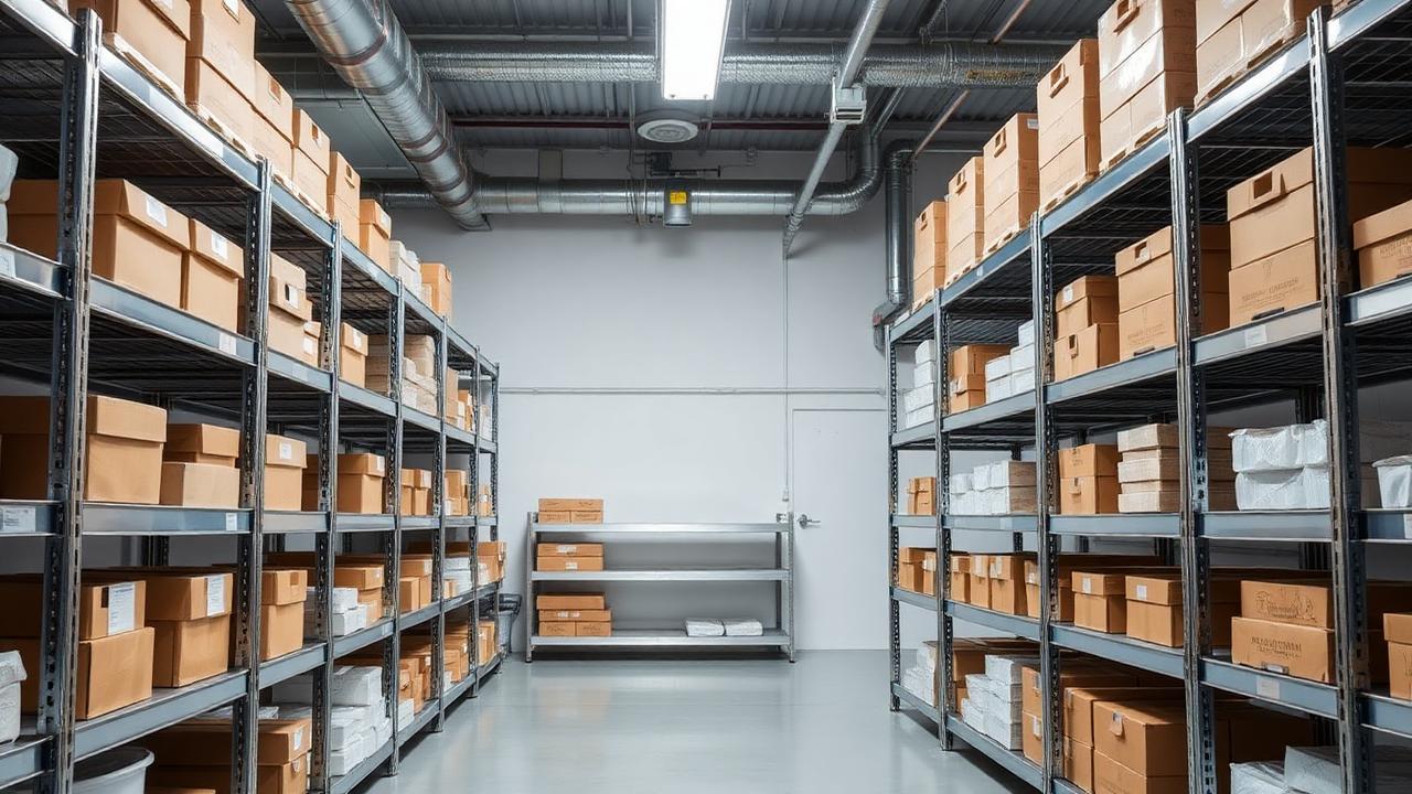 Interior de câmara fria comercial com prateleiras organizadas