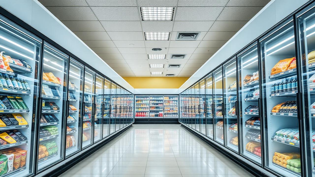 Corredor de supermercado com expositores refrigerados iluminados por LED