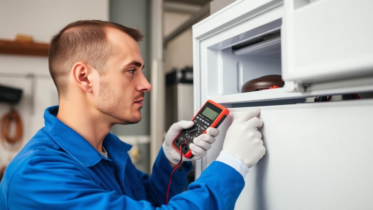Técnico especializado diagnosticando um freezer com multímetro