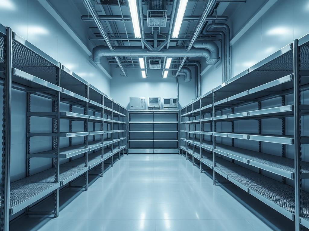 Interior de câmara fria industrial com estruturas em inox