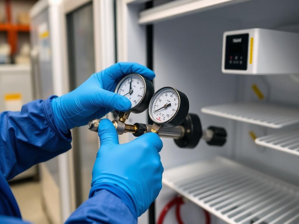 Técnico J.E.F usando manômetros digitais para diagnóstico de gás refrigerante