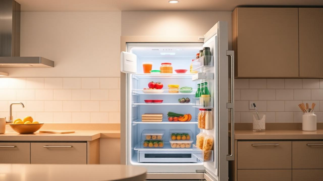 Geladeira moderna aberta, com alimentos bem organizados em uma cozinha iluminada