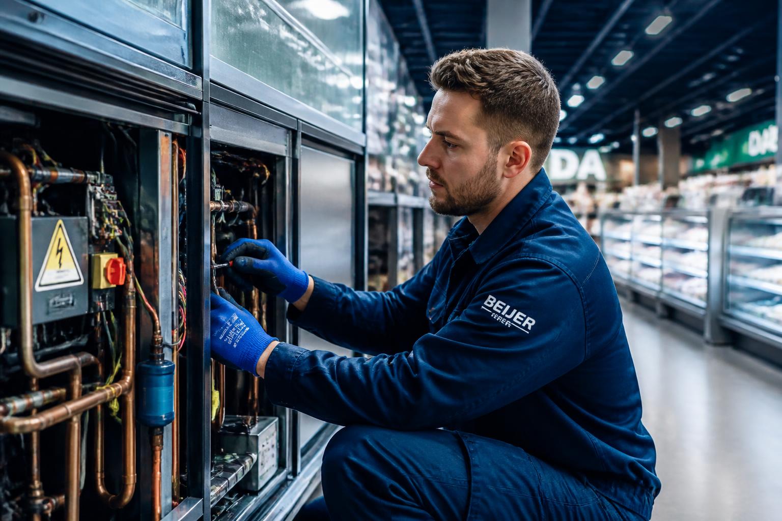 Técnico especializado da J.E.F fazendo manutenção em equipamento de refrigeração comercial