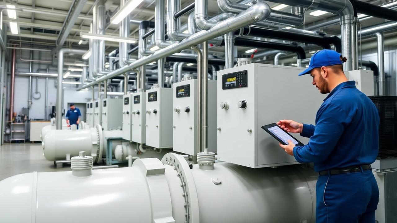 Rack de compressores industriais em planta frigorífica