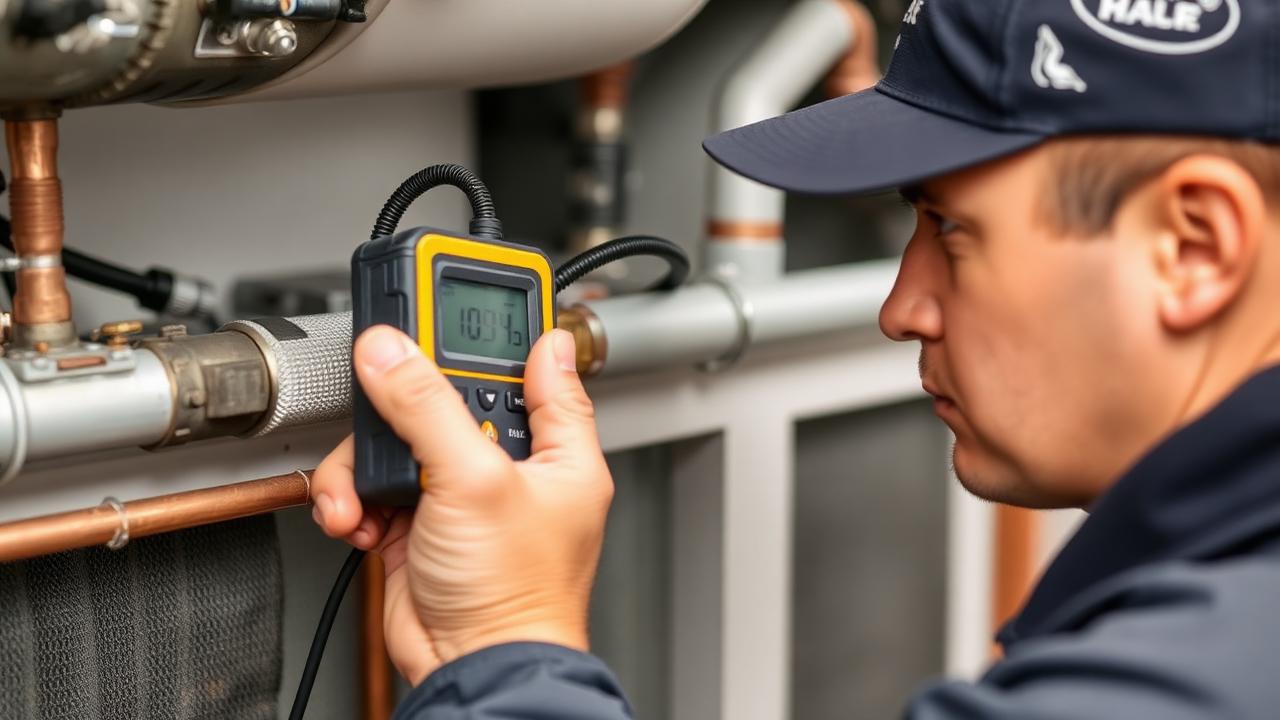 Técnico usando detector eletrônico de vazamento em tubulação de cobre